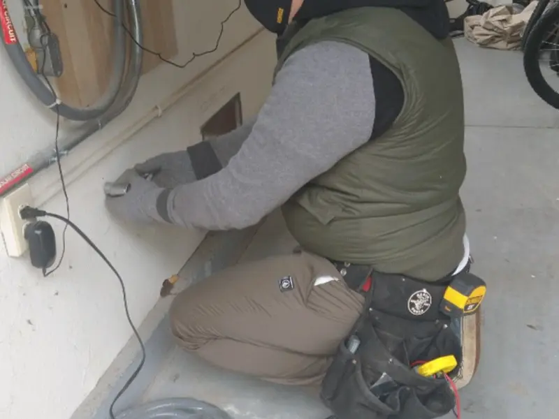 Electrician performing outlet wiring in a Economy garage